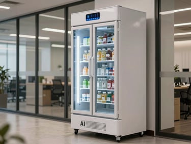 Environmental photo of an AI smart cooler pantry market machine standing in a modern office corridor, neutral commercial lighting, product rows visible through glass, no people, wide functional framing showing full machine height