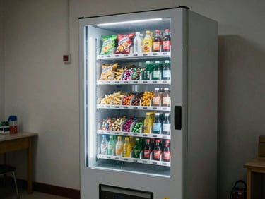 Environmental photo of a traditional snack and beverage vending machine standing against a wall in a warehouse break room, bright overhead lighting, product rows of chips, candy, and bottled drinks visible inside, no people, documentary wide framing