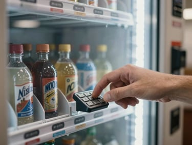 Close-up shot of a hand selecting an item from a vending machine keypad in a commercial break room, neutral overhead lighting, product labels visible in background, functional documentary framing, no faces visible