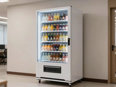 Traditional snack and beverage vending machine standing in a clean office corridor, product rows fully stocked and visible through glass front, bright overhead lighting, neutral painted wall behind it