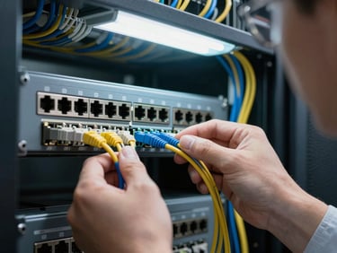 Technical close-up of a network patch panel and structured cabling in a server room, hands terminating a fiber cable under cool fluorescent light, precise cable management visible in the background, engineer's eye framing