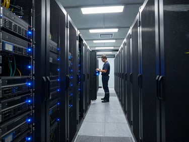 Wide shot of an active data center aisle, server racks with blue status LEDs illuminating rows of equipment, cool overhead fluorescent lighting casting sharp shadows on cable management panels, an engineer's perspective looking down the corridor