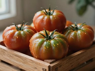 Fresh heirloom tomatoes on a wooden crate, water droplets visible, soft natural side light, rustic feel