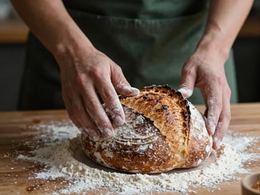 Close-up of hands dusting flour over a freshly baked sourdough loaf, dark moody background, warm lighting