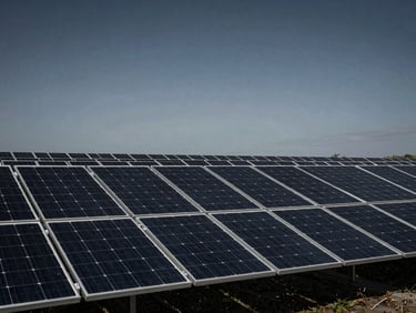 Utility-scale solar panel array stretching to the horizon under a clear sky, architectural framing, deep navy and steel tones, dramatic overcast daylight.