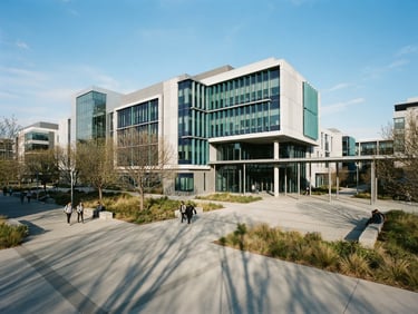An architectural wide shot of a modern academic research facility, bright natural daylight casting long shadows, clean minimalist lines, 35mm photography.