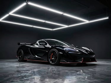 Low-angle wide shot of a black supercar parked under sharp overhead neon-white LED light bars in a sterile, dark reflective studio, high-contrast automotive photography, 50mm