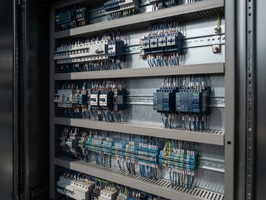 Close-up of a modern industrial electrical panel with sharp metallic lines, high-contrast daylight, crisp architectural shadows, blue and metallic tones, professional engineering aesthetic.