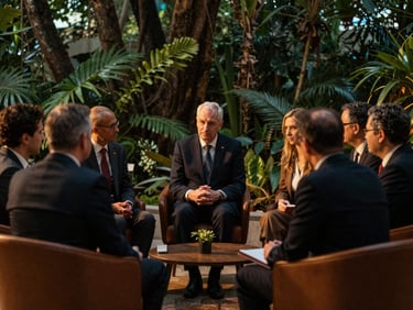 Diplomats in deep consultation during a bilateral summit, soft low-contrast indoor lighting, rich forest green and warm ochre tones.