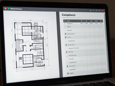 Technical interface mockup of a document matching system, displaying blueprint files side-by-side with compliance checklists, high contrast.