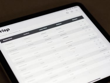 Crisp product interface mockup showing a real estate sales pipeline, structured columns, lease pipeline metrics, hard direct lighting, architectural grid lines.