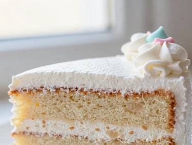Close-up of a slice of Chantininho cake, showing fluffy white frosting and moist cake layers, with a soft pastel decoration. Soft side window light, pastel tones, shallow depth of field, 50mm macro.