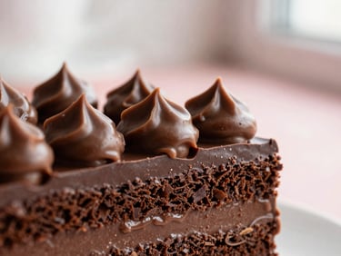 Macro shot of a rich Brigadeiro Gourmet cake slice, showing dark chocolate layers and generous, glossy brigadeiro filling. Soft side window light, pastel tones, shallow depth of field, 50mm macro.