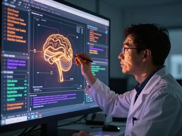 A researcher analyzing complex cognitive data models on a large screen in a dimly lit laboratory, glowing violet and golden orange light paths illuminating their face, high-contrast twilight academic aesthetic.