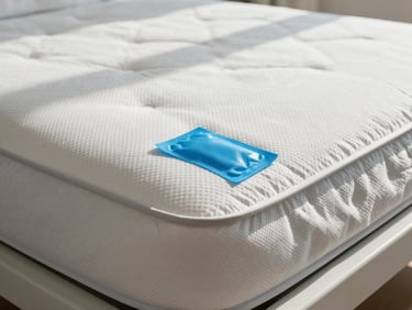 Close-up of a clinical-grade low-air-loss mattress showing a bright blue sanitized seal tag under bright daylight.