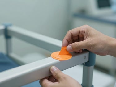 Close-up of a clinical technician in a sterile environment placing a bright orange physical sanitation seal onto a clean medical bed frame, neutral daylight.