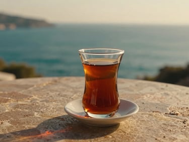 Cinematic shot of a perfectly poured glass of Turkish tea overlooking the turquoise Aegean sea at golden hour, textured stone table.