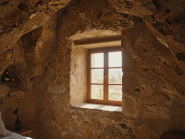 Close-up of textured stone walls inside a luxury Cappadocian cave hotel suite, soft morning sun filtering through a window, romantic atmosphere.