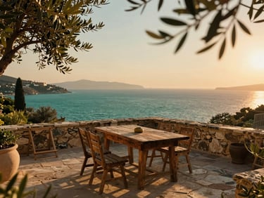 Cinematic wide shot of an Aegean stone villa terrace at sunset, olive branches framing the turquoise sea, rustic wooden table.