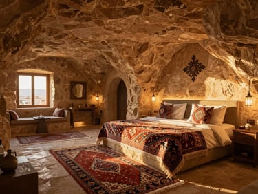 Cinematic interior of a luxury Cappadocian cave hotel suite, rich textured stone walls, warm ambient lighting, elegant Turkish rugs.