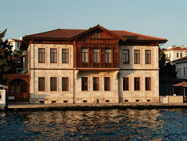 Warm golden hour view of a historic wooden Bosphorus mansion waterfront facade, soft ripples on the blue water, elegant stone details.