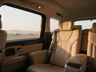 Cinematic 35mm photograph of a premium Mercedes private transport interior, soft golden hour morning light streaming through the window, clean leather details.