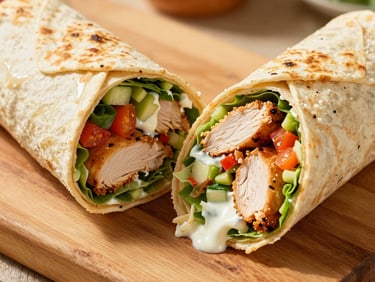Close-up of a perfectly cooked chicken shawarma wrap, with golden-brown chicken, fresh vegetables, and creamy white sauce, sliced in half on a wooden board, warm natural light.