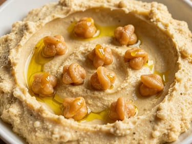 Close-up macro shot of creamy hummus in a bowl, topped with warm chickpeas and a drizzle of olive oil, rich saturated colors, golden-hour light.