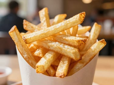 Close-up of a pile of golden, crispy french fries in a paper cone, with a blurred background of a lively dining setting, warm light.