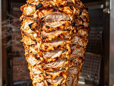 Close-up of thinly sliced, perfectly browned chicken shawarma being carved from a vertical rotisserie, steam visible, warm lighting, rich saturated colors.
