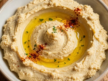 Close-up overhead shot of creamy hummus in a rustic bowl, garnished with paprika, parsley, and a swirl of olive oil, vibrant and inviting.