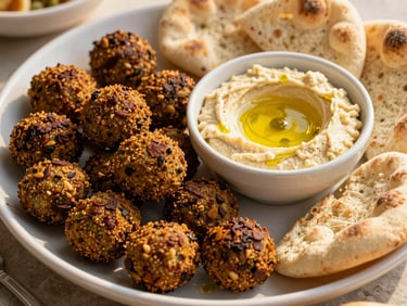 Overhead shot of a vibrant platter with golden-brown falafel, a bowl of creamy hummus drizzled with olive oil, and fresh pita bread, natural daylight, shallow depth of field.