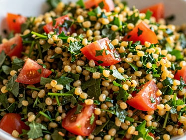 Tight macro shot of a vibrant tabouli salad, showing finely chopped green herbs, red tomatoes, and bulgur, sun-drenched lighting.