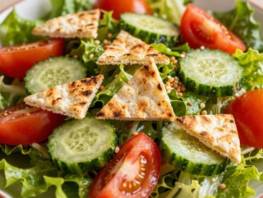 Tight macro shot of a vibrant, fresh Fattoush salad with crisp lettuce, tomatoes, cucumbers, and toasted pita pieces, bright natural light, rich saturated colors.