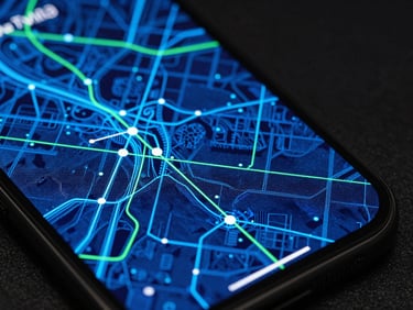 Sleek tech photography of a mobile screen with an electric blue vector map interface, dark ambient studio lighting, sharp macro focus, 35mm lens.