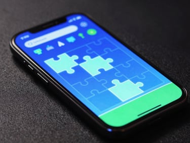 Sleek tech photography of a mobile screen showing a glowing electric blue puzzle game UI, dark ambient studio lighting, sharp macro focus, 35mm lens.