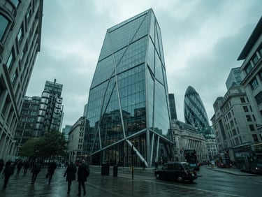 Wide environmental architectural shot of a modern glass commercial building in London under overcast cool British daylight, desaturated teal tones, sharp focus