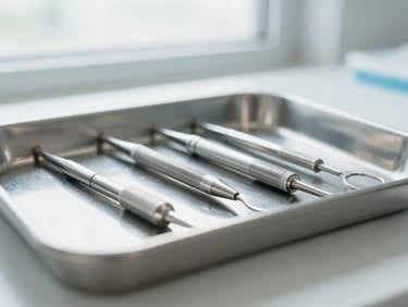 Macro shot of sterile dental instruments on a clean metal tray, bright natural window lighting, shallow depth of field, professional clinical setting