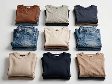 Overhead catalog-view flat lay of wholesale fashion garments — casual tops, denim, knitwear — stacked and arranged by category on a clean white surface, studio strobe lighting, straight-on framing, texture and color variation visible