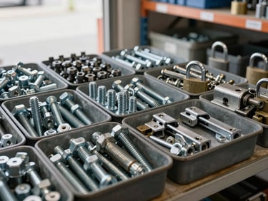 Wide shot of industrial fasteners and heavy hardware — hex bolts, threaded rods, heavy-duty hinges, and padlocks arranged in organized bins on a warehouse shelf, natural daylight through a loading bay