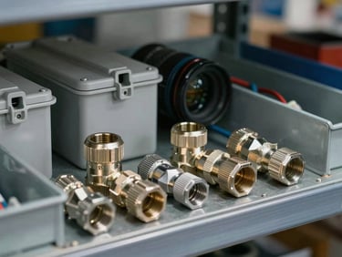 Close-up of electrical conduit fittings and wiring accessories — conduit connectors, junction boxes, and cable trays on a steel shelf under cool warehouse lighting