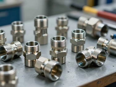 Close-up straight-on shot of imported steel pipe fittings, elbow joints, and plumbing hardware arranged on a workshop bench under bright studio lighting, metal surfaces reflecting crisp detail