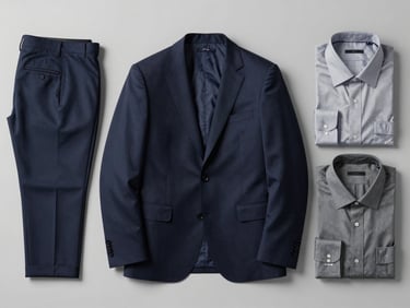 Overhead catalog-view flat lay of pressed corporate blazers, formal trousers, and dress shirts in navy and gray tones, neatly arranged on a clean studio surface, studio strobe lighting, straight-on framing, crisp fabric detail visible