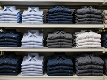 Straight-on overhead catalog view of folded wholesale clothing — stacked corporate shirts, uniform jackets, and textile rolls organized by color on a warehouse shelf, bright overhead lighting, fabric grain visible