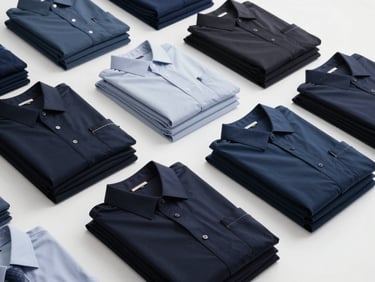 Overhead catalog view of neatly folded corporate uniforms and wholesale garments stacked in organized piles on a clean white surface under studio strobe lighting, fabric textures visible and colors consistent