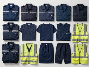 Overhead catalog-view flat lay of industrial work uniforms, security guard shirts, healthcare scrubs, and hi-vis vests arranged in organized rows on a white surface, studio strobe lighting, straight-on top-down framing, fabric weave detail visible