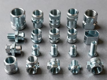 Straight-on catalog shot of imported construction hardware — steel pipe fittings, hex bolts, and conduit brackets arranged in a grid on a gray surface, studio strobe lighting, sharp material detail visible