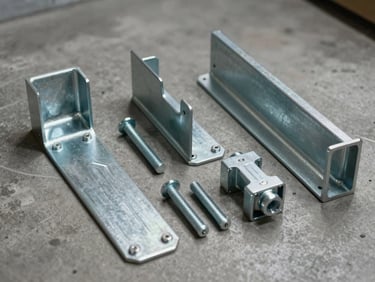 Overhead catalog view of structural steel fittings — brackets, anchor bolts, and beam connectors laid flat on a concrete surface under studio strobe lighting, sharp metal detail