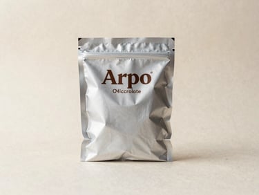 Close-up of Arpo Cafe Microlote Campeao silver package on a textured off-white surface, soft side light