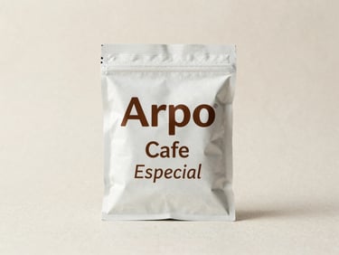 Close-up of Arpo Cafe Especial White package on a textured off-white surface, soft side light